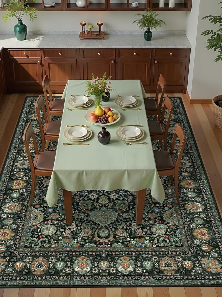 Dark Green Floral Living Room Rug 5x7 Washable Rugs Boho Vintage Oriental Large